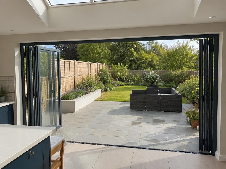 Aluminium bi-fold doors opened onto a garden patio