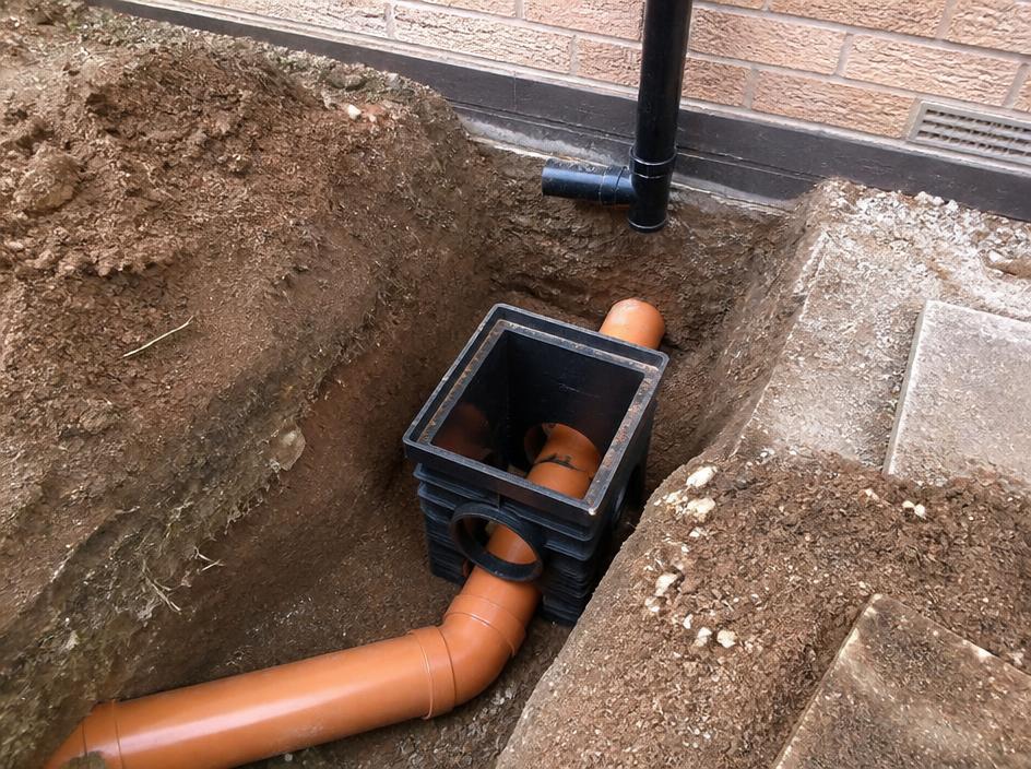 New inspection chamber and pipework beside a house wall