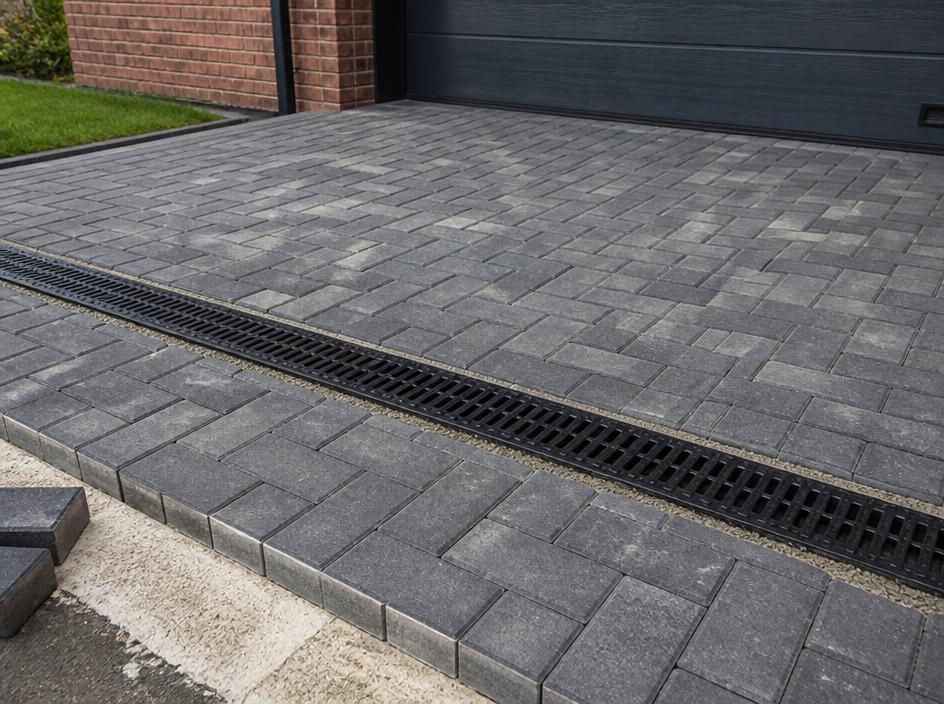 Linear drainage channel installed across a block paved driveway
