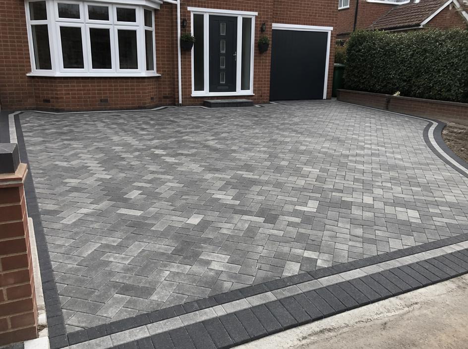 Newly laid grey block paving driveway in a herringbone pattern