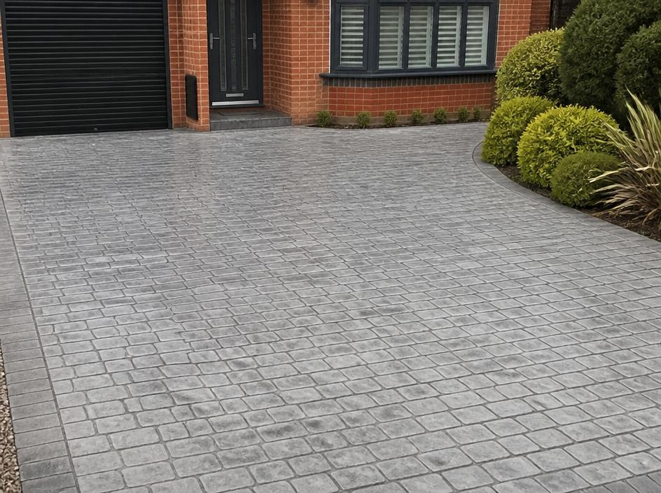 Pattern imprinted concrete driveway with a cobble texture