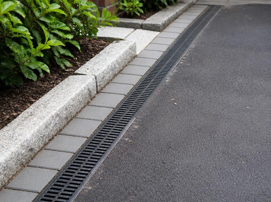 Granite kerb, block edging and a linear drainage channel at a driveway edge