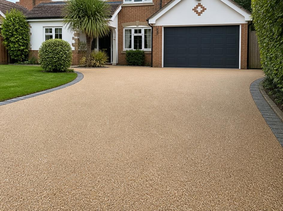 Smooth golden resin bound driveway with block edging