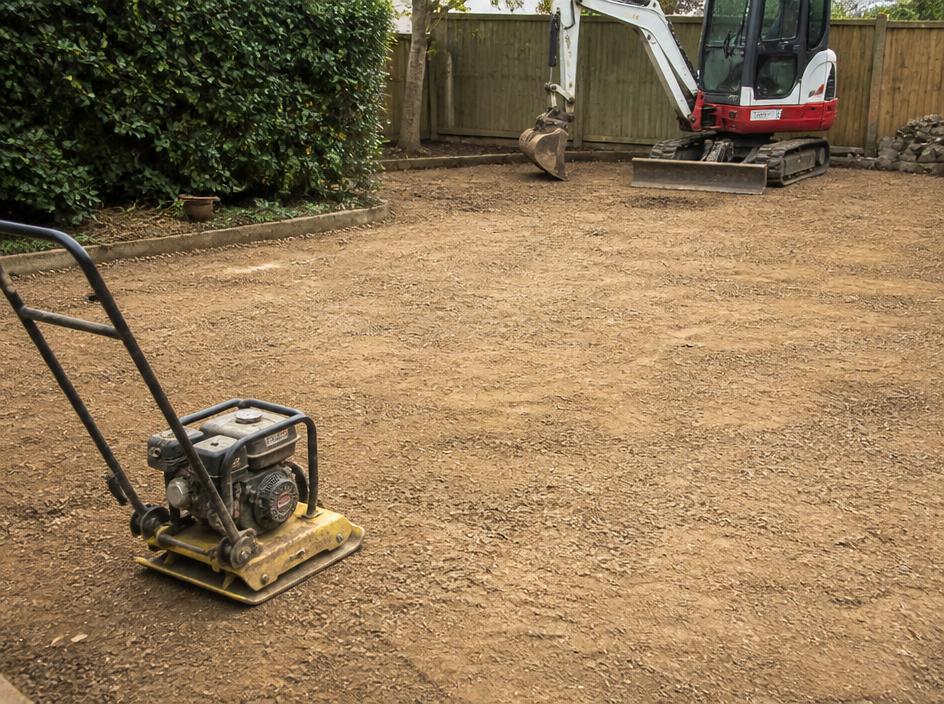 Garden being levelled and compacted ready for laying