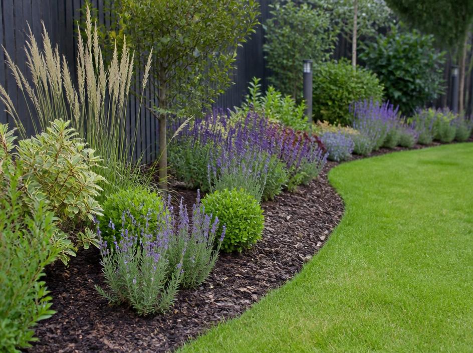 Freshly planted borders with shrubs and lavender beside a lawn