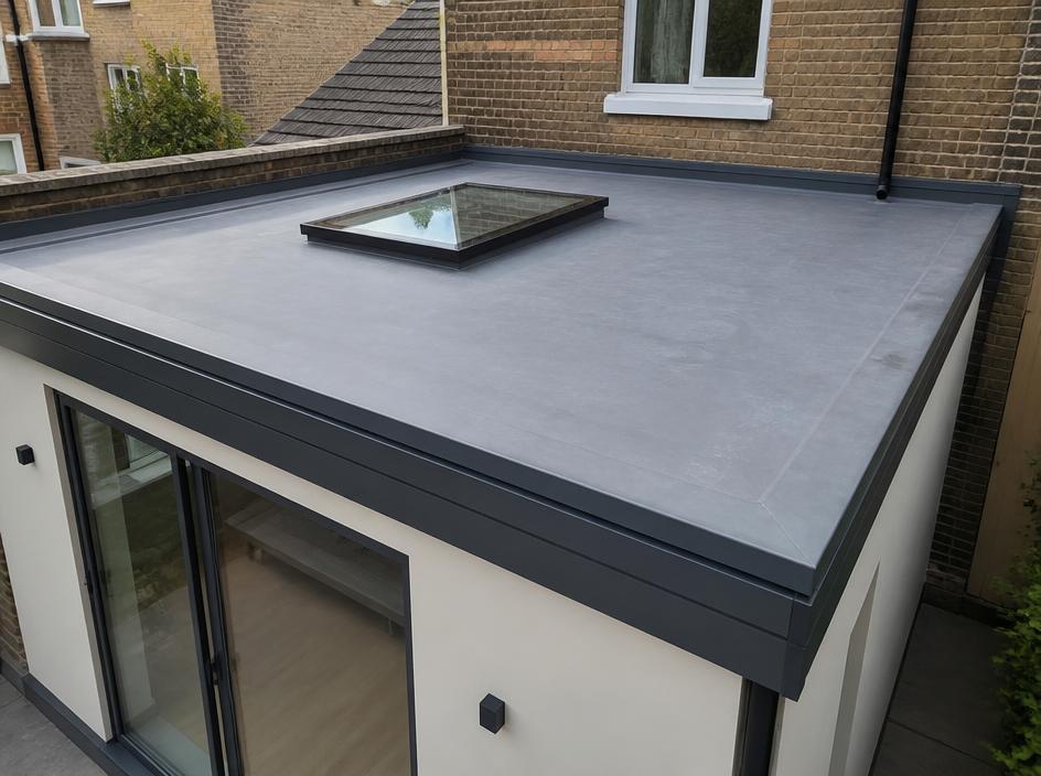 New grey flat roof with a skylight on a single-storey extension