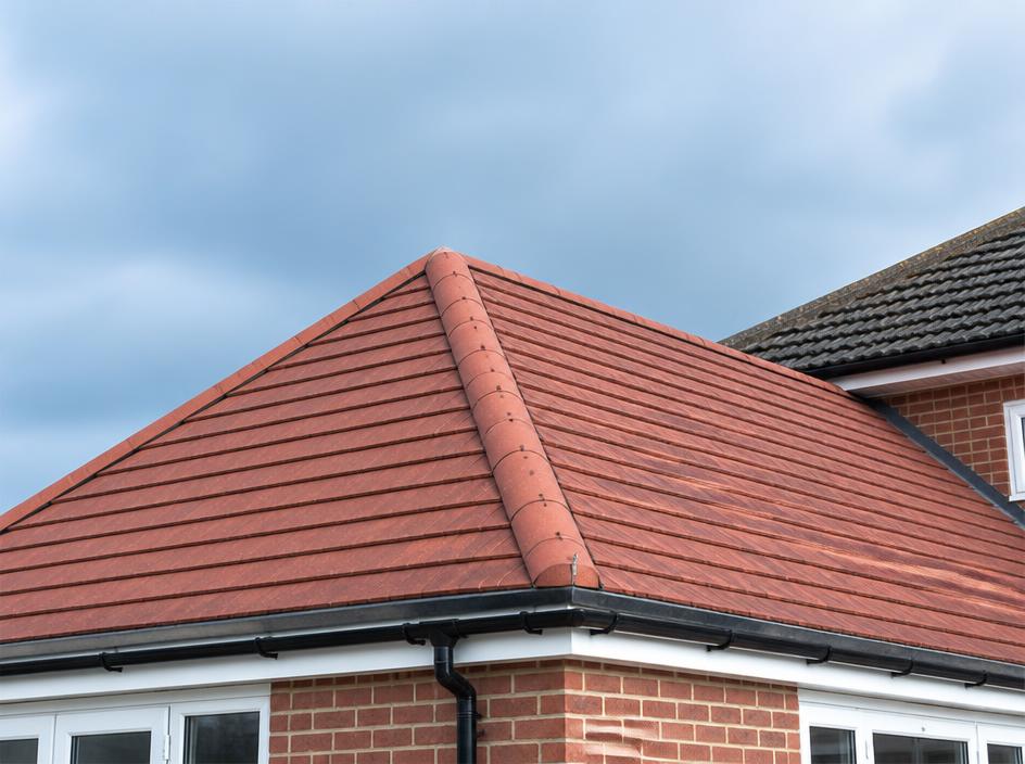 Brand new clay tiled roof on a house extension