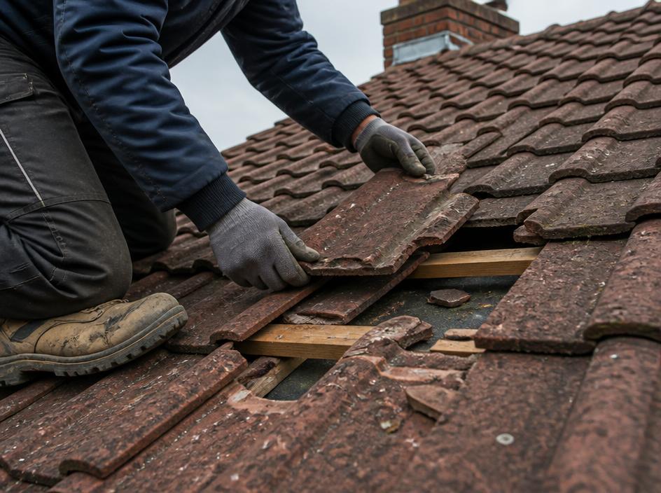 Roofer replacing broken tiles on a pitched roof