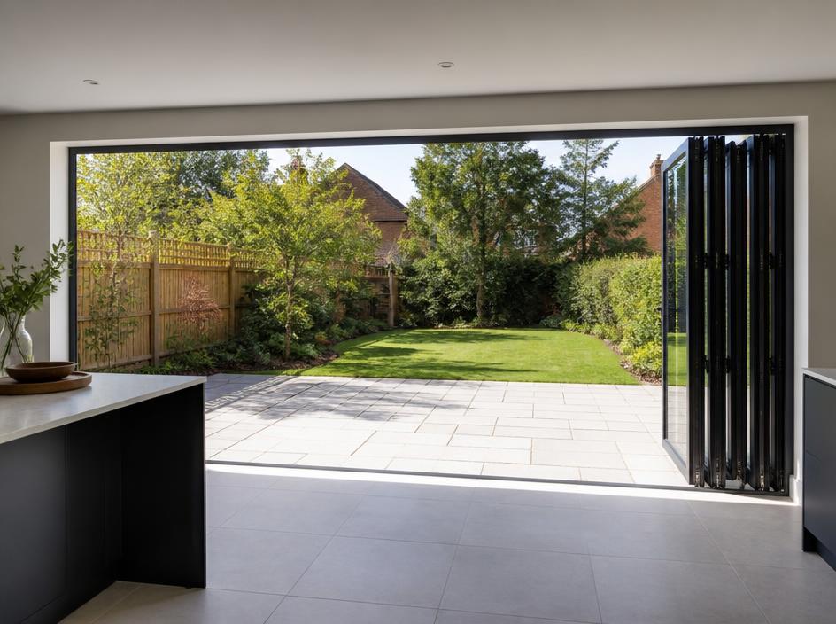 Anthracite aluminium bifold doors folded open from a kitchen onto the garden