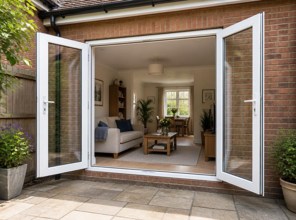 White French doors open onto a garden patio