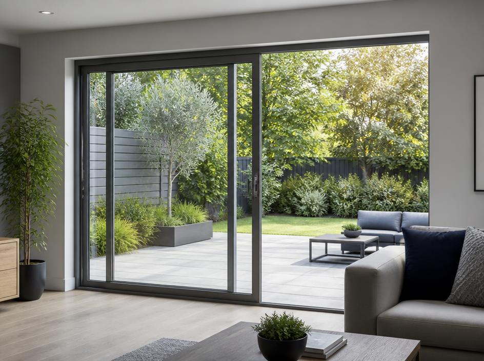 Grey aluminium sliding patio doors opening onto a garden