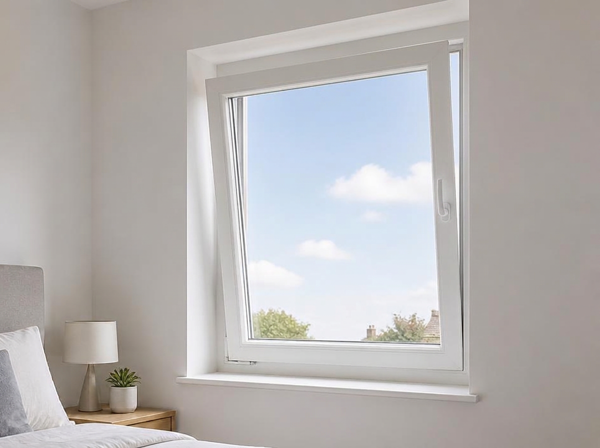 White tilt and turn window tilted inward for ventilation