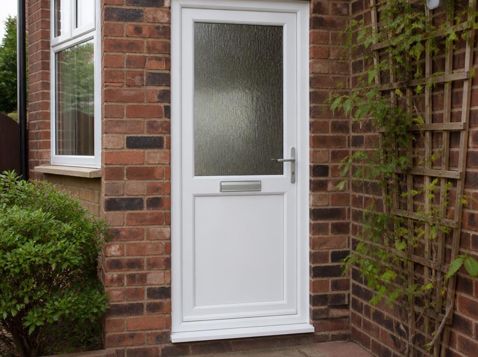 White uPVC half-glazed front door with letterbox